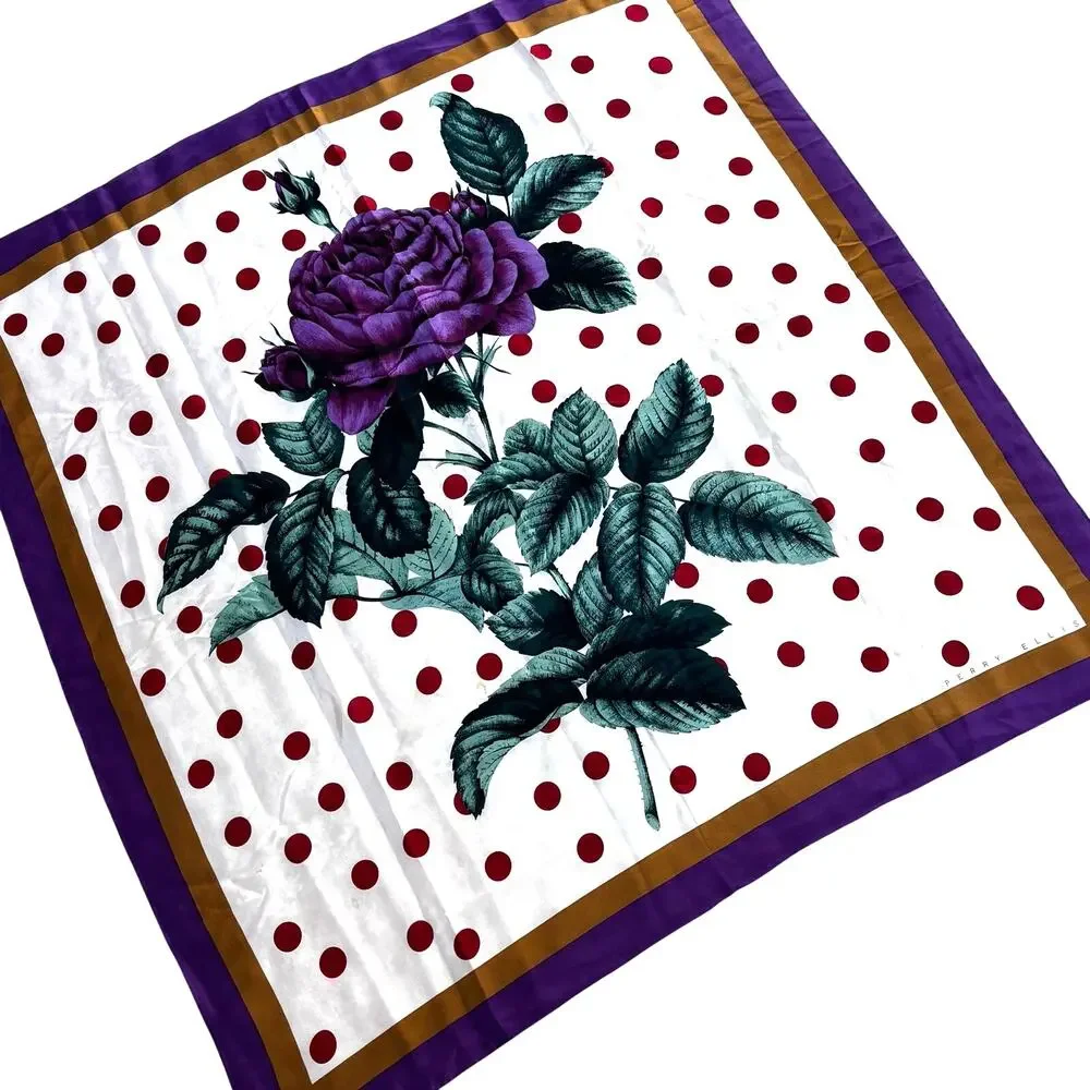Vintage Perry Ellis silk scarf mod polka dots floral 80’s designer FLAWS
